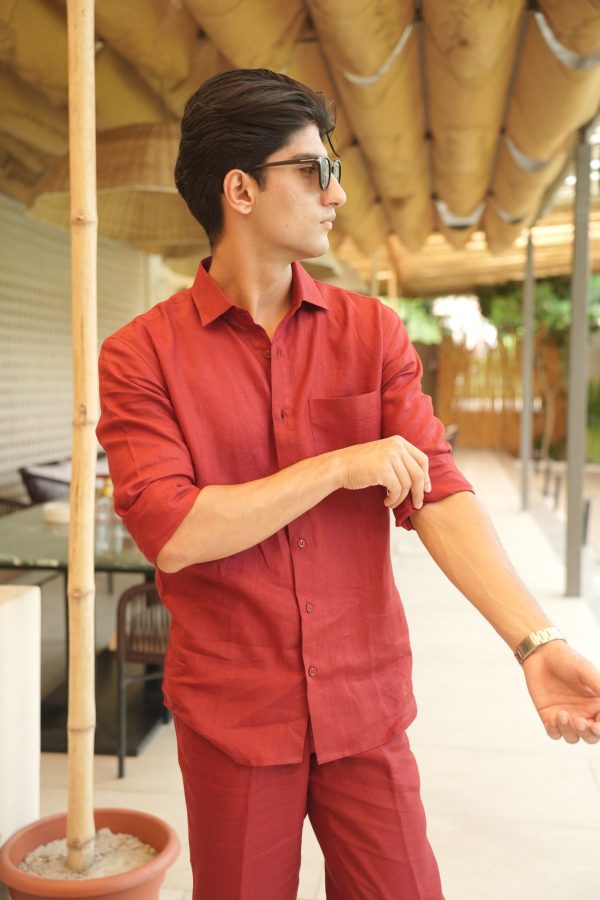 Matt Mehroon Pure Linen Cord Set