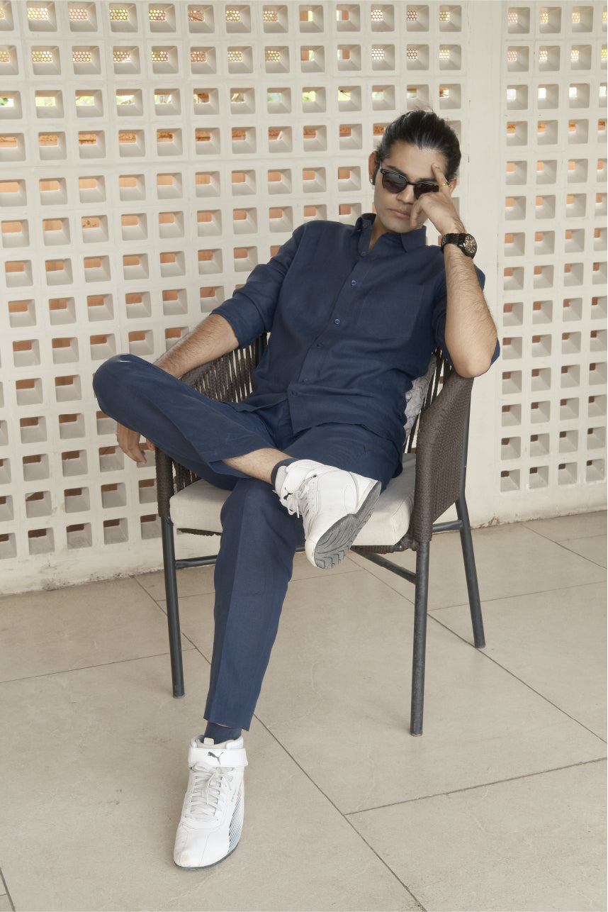 Navy Blue Linen Pure Cord Set